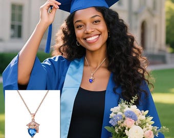 Collier de remise des diplômes personnalisé, coeur avec pierre de naissance, chapeau de célibataire, cadeau pour elle et lui