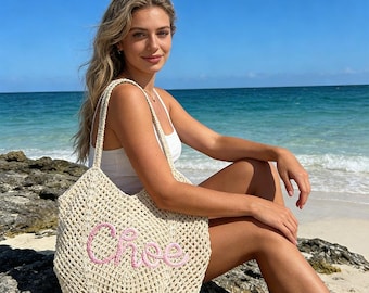 Sac fourre-tout de plage personnalisé au crochet, sac de plage fait main avec nom personnalisé, sacs-cadeaux de demoiselle d'honneur, sac de plage de voyage, cadeau de mariage, cadeau pour elle