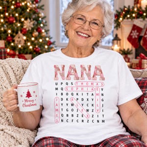 Personalized Grandma T-Shirt, Custom Grandkids Names Word Search Shirt, Vintage Quilted Patchwork Women's Family Gift