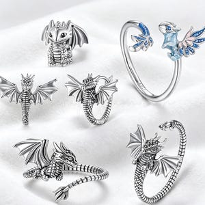 Conjunto de joyas de dragón de plata de ley 925, anillo y pendientes de dragón vintage.