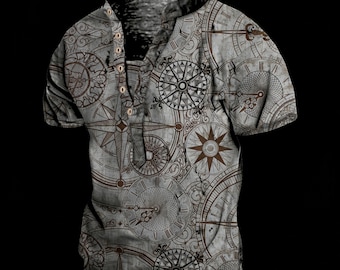 Vintage-inspiriertes Henley Shirt mit Landkarten-Print, abgenutzte Baumwoll-Mischung