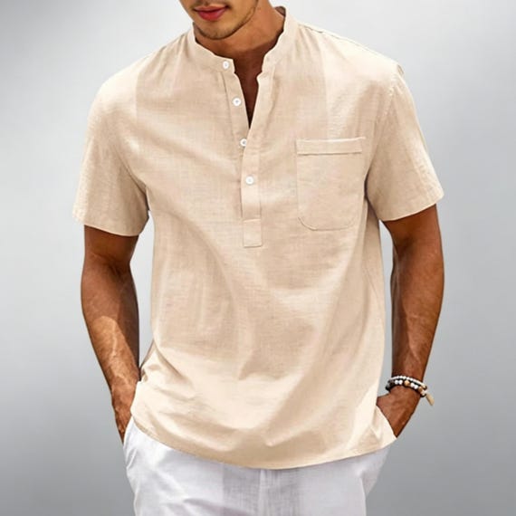 Men’s Linen Cotton Shirt – Short Sleeve Mandarin Collar, 7 Colors, Breathable Fabric, Relaxed Fit, Ideal for Travel, Beach or Smart Casual