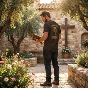 A dark brown short-sleeved t-shirt featuring a graphic print of a bearded figure on the back with the text 'SAINT PADRE PIO' and 'PRAY FOR US'. The shirt is paired with dark blue denim jeans and brown leather boots.