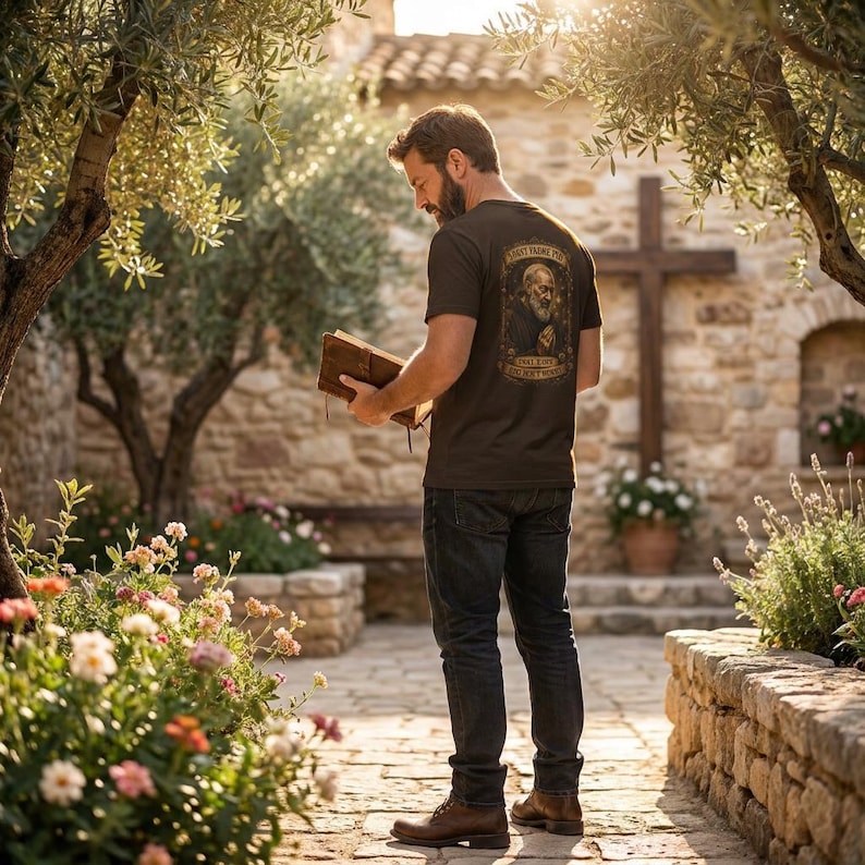 A dark brown short-sleeved t-shirt featuring a graphic print of a bearded figure on the back with the text 'SAINT PADRE PIO' and 'PRAY FOR US'. The shirt is paired with dark blue denim jeans and brown leather boots.