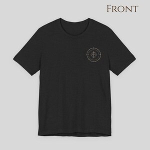 Pio Catholic tee front view featuring saint seal design prayer healing Christian faith apparel religious shirt