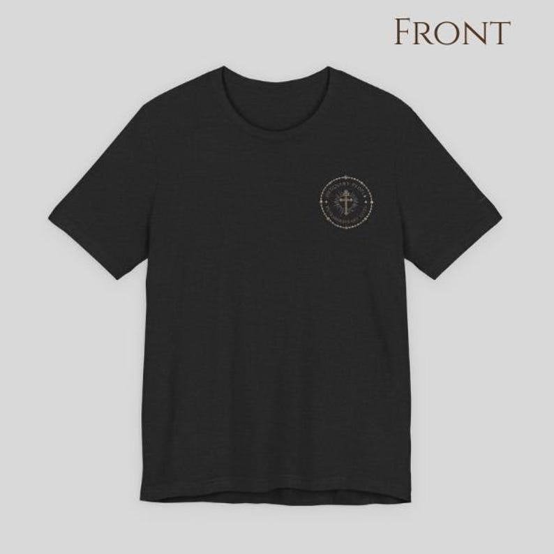 Pio Catholic tee front view featuring saint seal design prayer healing Christian faith apparel religious shirt