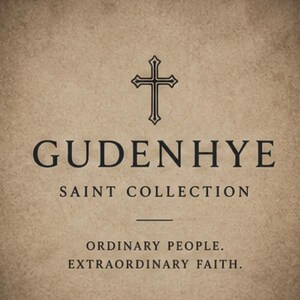 A tan textured background featuring a black cross icon above the text GUDENHYE SAINT COLLECTION. Below this, a horizontal line separates the text ORDINARY PEOPLE. EXTRAORDINARY FAITH. The design uses a clean, dark serif font throughout.