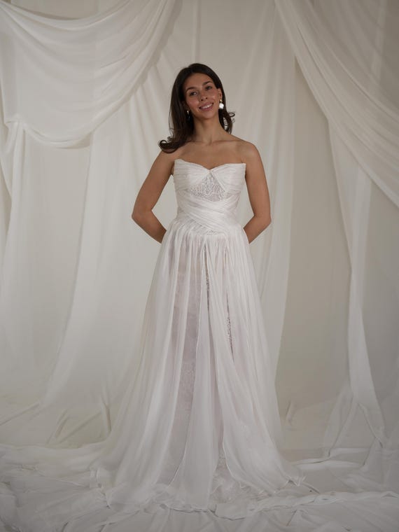 Strapless Lace Wedding Dress, Draped Chiffon Bridal Gown, Corset Back A-line Dress, Pearl Beaded Romantic Bridal Gown | Isadora