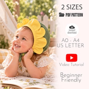 May include: A digital PDF sewing pattern for a bonnet featuring a green crown and a yellow petal-shaped brim. The text includes 2 SIZES, PDF PATTERN, instant download, A0 - A4 US LETTER, Video Tutorial, and Beginner Friendly.