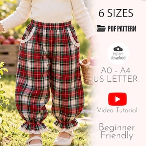 May include: Red, green, and white plaid pants with an elastic waistband, side pockets trimmed with white lace, and ruffled cuffs featuring white lace edging. Text includes 6 SIZES, PDF PATTERN, instant download, A0 - A4 US LETTER, Video Tutorial, and Beginner Friendly.
