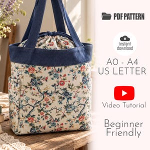 Patron de couture pour sac cabas à cordon, patron PDF pour sac seau fleuri, sac cabas à poche latérale, tutoriel de couture pour sac à main en tissu, cadeau de couture unique