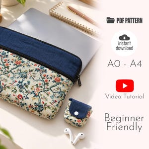 May include: A laptop sleeve and a small earbud case featuring a cream-colored fabric with a floral pattern of red, blue, and green vines, accented by a solid dark blue fabric section. Text includes PDF PATTERN, instant download, A0 - A4, and Video Tutorial.