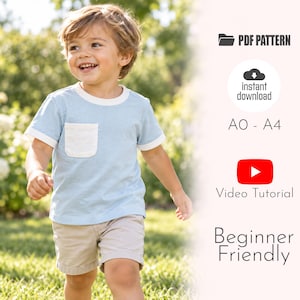 May include: A PDF sewing pattern for a short-sleeved t-shirt with a chest pocket, featuring white trim on the collar and sleeves. The digital file includes A0 and A4 formats, an instant download option, a video tutorial, and is beginner friendly.