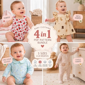 May include: A 4 in 1 PDF pattern bundle for baby clothing in 5 sizes from 0-24 months. The image displays four infants wearing a floral romper, a beige bunny print dress romper, a light blue long sleeve bodysuit, and a beige gingham footed romper.