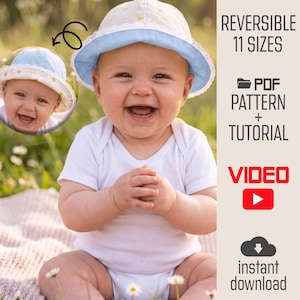 May include: A reversible bucket hat featuring a white fabric with a yellow daisy print on one side and a solid light blue fabric on the other, accented with white lace trim. Text includes REVERSIBLE 11 SIZES, PDF PATTERN + TUTORIAL, VIDEO, and INSTANT DOWNLOAD.