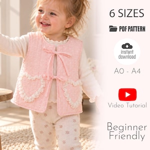 May include: A light pink quilted vest featuring two heart-shaped pockets with white lace trim and two front ribbon ties. The text includes 6 SIZES, PDF PATTERN, instant download, A0 - A4, Video Tutorial, and Beginner Friendly.