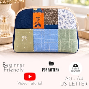 May include: A zippered pouch featuring a patchwork design of various fabric squares in blue, green, orange, and white. The patterns include floral prints, grid lines, and a small white bow icon. Text includes Beginner Friendly, PDF PATTERN, instant download, Video Tutorial, and AO - A4 US LETTER.