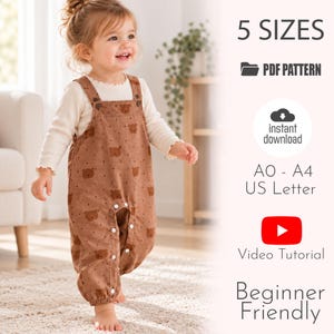 May include: A brown corduroy overall with a repeating bear and dot pattern, featuring button straps and a front snap closure. Text includes 5 SIZES, PDF PATTERN, instant download, AO - A4 US Letter, Video Tutorial, and Beginner Friendly.