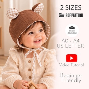 May include: A brown bonnet with bear ears and a beige gingham lining, featuring ties under the chin. Text includes 2 SIZES, PDF PATTERN, instant download, A0 - A4 US LETTER, Video Tutorial, and Beginner Friendly.