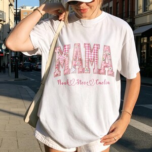 Custom Mama Pink Patchwork T Shirt, Personalized Children Names Letter Tee, Stitched Name Motherhood Shirt, Mama Gift