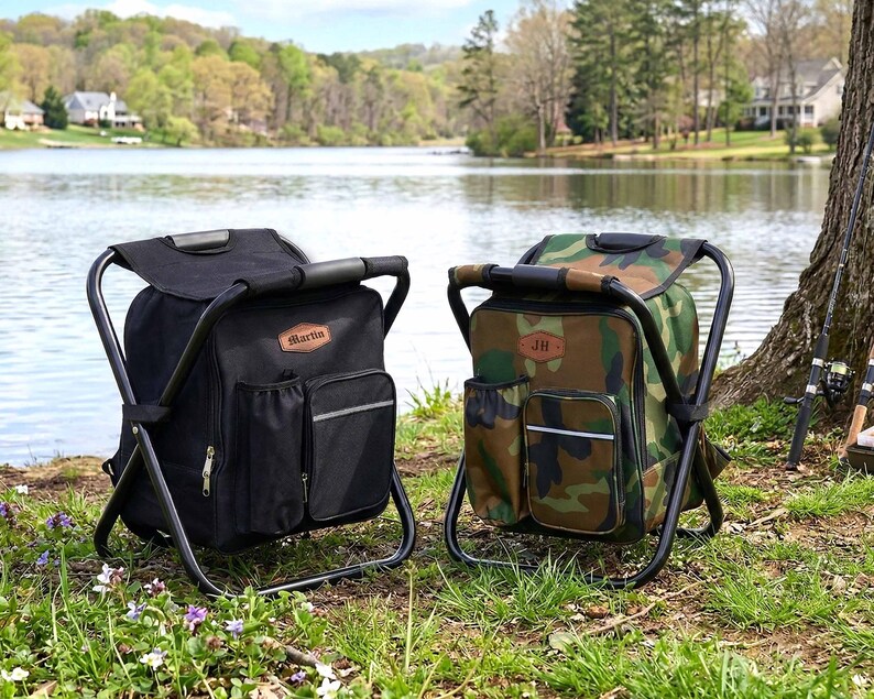 May include: Two portable folding chair backpacks with black metal frames. One is solid black with a brown leather-style patch reading Martin, and the other features a green, brown, and black camouflage pattern with a patch reading JH.