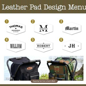 May include: A Leather Pad Design Menu featuring six numbered hexagonal engraving options with names and initials. Below, two portable folding stools are shown, one in solid black and one in camouflage print, each with a leather patch.