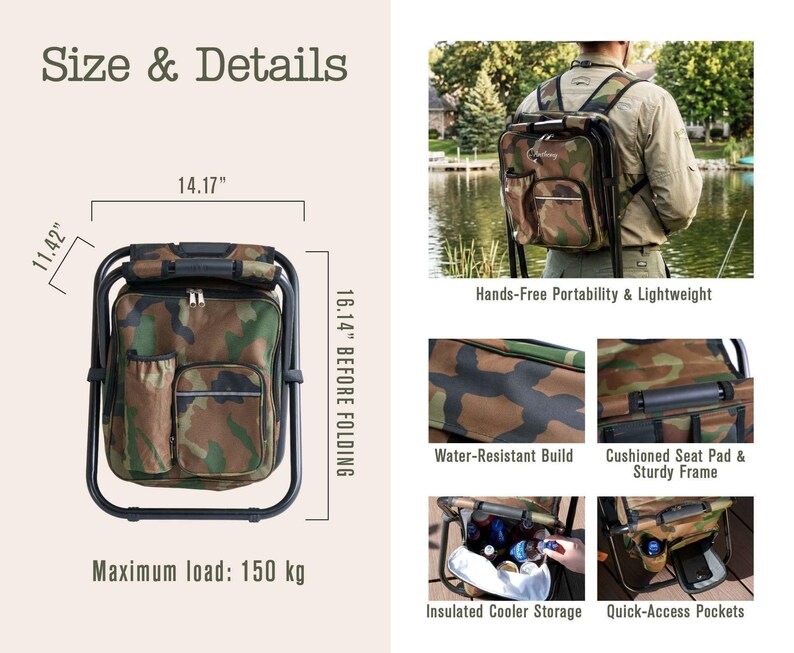 May include: A camouflage print backpack chair with a black metal frame, featuring insulated cooler storage, quick-access pockets, and a cushioned seat pad. Dimensions are 14.17 inches by 11.42 inches by 16.14 inches before folding, with a 150 kg load limit.