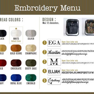 May include: An embroidery menu chart displaying twelve thread color options including black, white, silver, gold, gold ochre, champagne, red, chocolate, dusty sage, navy, royal blue, and emerald. It also shows five font styles for customization.