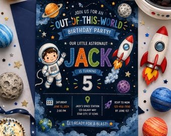 Paquete de fiesta de cumpleaños con temática de astronautas, invitación y cartel de bienvenida (descarga digital)