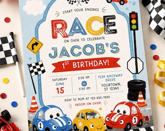 Paquete de invitaciones de cumpleaños con temática de coches de carreras / Plantillas editables de Canva (Descarga digital)