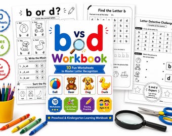 Cuaderno de ejercicios B vs D para preescolar / Actividades de inversión de letras (10 hojas de trabajo imprimibles)