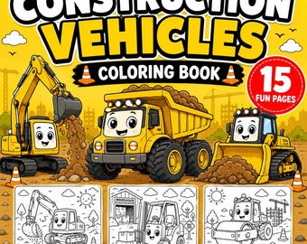 Libro para colorear de vehículos de construcción para niños / 15 páginas para colorear imprimibles / Excavadora, camión volquete, grúa y bulldozer