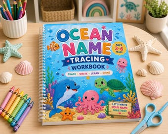 Cuaderno de caligrafía de nombres de océanos para niños de 3 a 6 años / Actividades de escritura preescolar (Descarga digital)