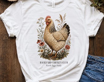 Vintage T-shirt met bloemenillustratie van kip | T-shirt boerderijkip