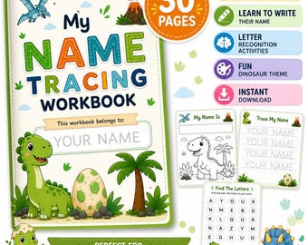 Cuaderno de trabajo personalizado para trazar nombres de dinosaurios / Libro de práctica de nombres editable / Actividad de aprendizaje preescolar / PDF imprimible