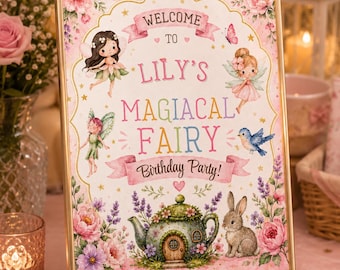 Paquete de decoraciones para fiesta de cumpleaños de hadas, invitación editable, cartel de bienvenida, etiquetas para comida (descarga digital)