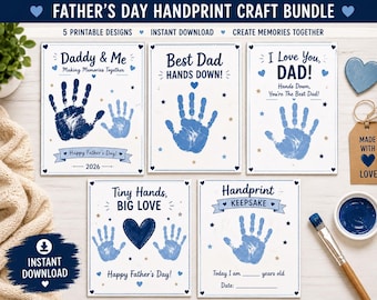 Paquete de manualidades con huellas de manos para el Día del Padre / 5 láminas de arte para imprimir como recuerdo (Descarga instantánea)