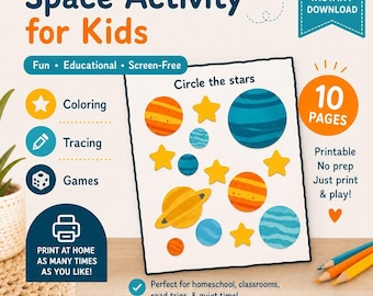 Libro de actividades espaciales para niños de 3 a 6 años / Colorear, trazar, juegos (Descarga en PDF)