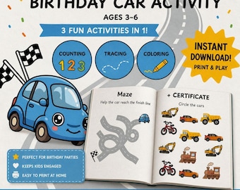 Pack de actividades para fiestas infantiles con temática de coches / Juegos de fiesta divertidos y fáciles / Edades de 3 a 6 años / PDF imprimible
