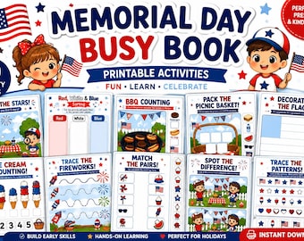 Libro de actividades imprimible para el Día de los Caídos / Actividades patrióticas para niños pequeños en edad preescolar (Descarga instantánea)