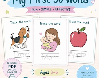 Cuaderno de 50 primeras palabras para niños / Práctica de trazo, de 3 a 6 años (Descarga digital)