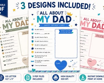 Hoja de trabajo "Todo sobre mi papá", actividad para niños del Día del Padre, 3 diseños (PDF de descarga instantánea)