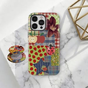 Retro Whimsy Artistic Collage Phone Cases, Ladybug Patchwork Case, iPhone 17 16 15 14 13 12 11 Pro Max, Samsung Galaxy S26 S25 S24 S23 Ultra
