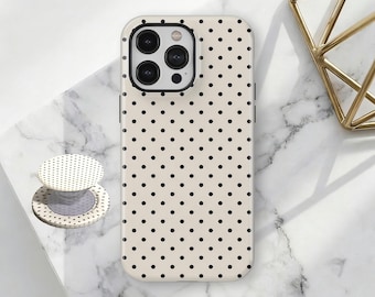 Light Beige and Black Polka Dots Case, Soft Girl Cute Design, ,For iPhone 17 16 15 14 13 12 11 Pro Max, Samsung Galaxy S26 S25 S24 S23 Ultra