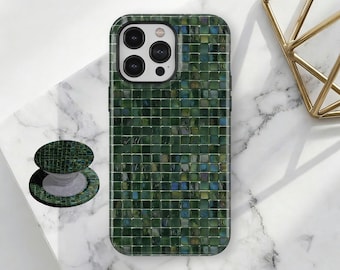 Green Toned Glass Mosaic Tiles Phone Case for iPhone 17 16 15 14 13 12 11 Pro Max, Samsung Galaxy S26 S25 S24 S23 Ultra, Mosaic Stained Case