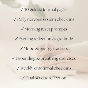 30-Day Nervous System Reset Journal printable PDF showing guided journal pages, daily nervous system check-ins, grounding exercises, mood tracker, morning and evening reflection prompts, and weekly emotional check-ins for stress, anxiety, and overthinking.
