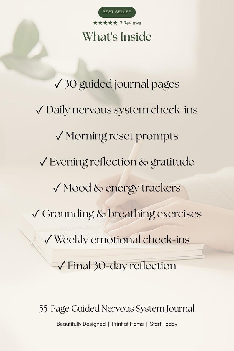 30-Day Nervous System Reset Journal printable PDF showing guided journal pages, daily nervous system check-ins, grounding exercises, mood tracker, morning and evening reflection prompts, and weekly emotional check-ins for stress, anxiety, and overthinking.