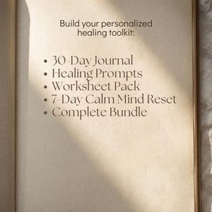 Digital mental wellness printable collection featuring a 30-Day Nervous System Reset Journal, Healing Journal Prompts, Anxiety Worksheets, 7-Day Calm Mind Reset meditation, and complete self-care bundle.