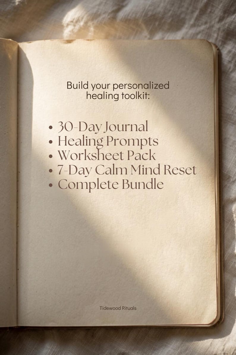 Digital mental wellness printable collection featuring a 30-Day Nervous System Reset Journal, Healing Journal Prompts, Anxiety Worksheets, 7-Day Calm Mind Reset meditation, and complete self-care bundle.