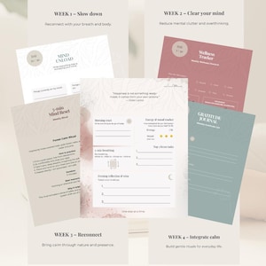Preview of the 30-Day Nervous System Reset Journal printable PDF featuring weekly themes, guided reflection pages, wellness tracker, gratitude journal, breathing exercises, and grounding activities for emotional wellness.